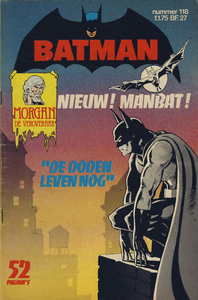 Batman is looking down from a rooftop while behind him Manbat is flying in the distance. An inset on the left shows the Warlord